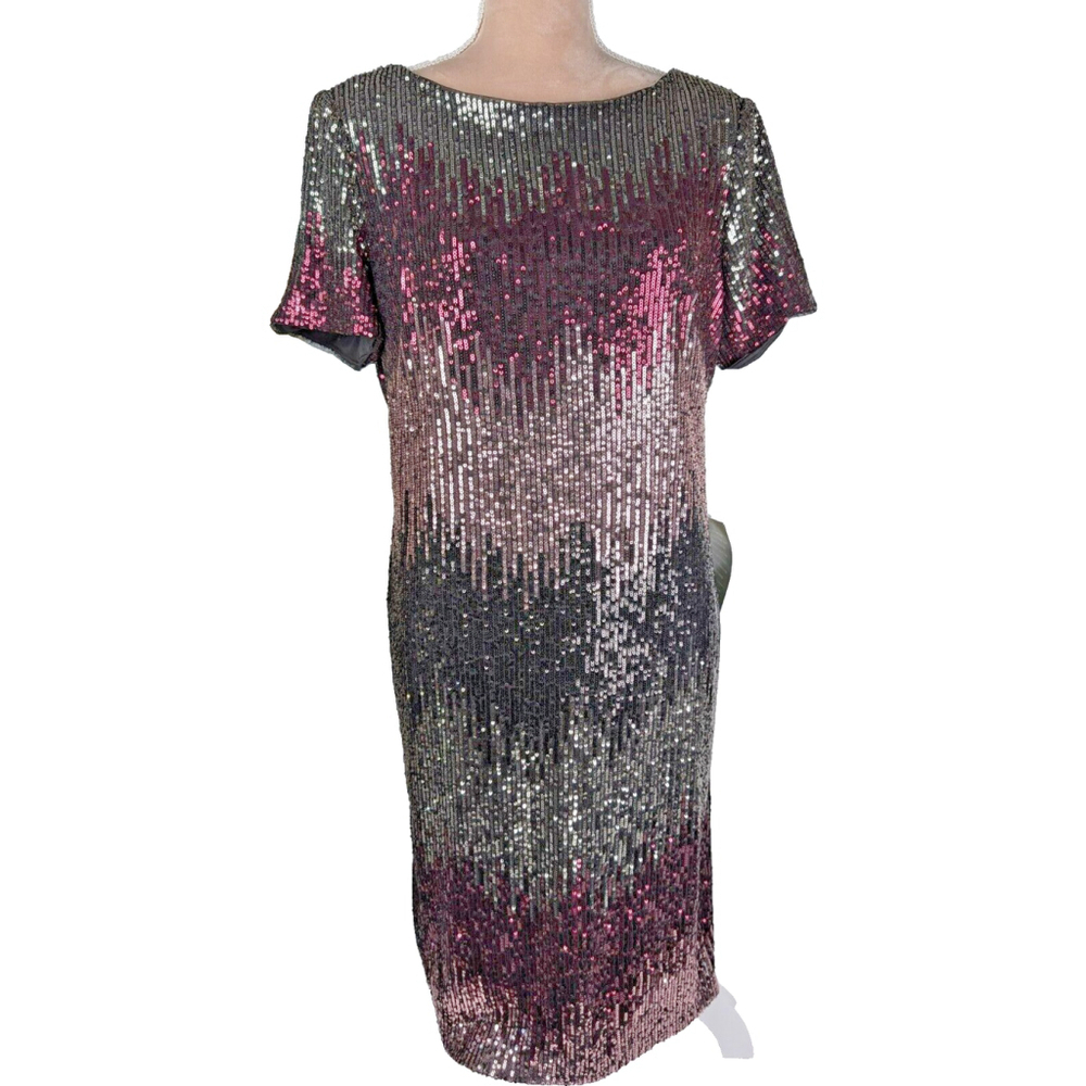 R & M Richards Multi Ombre Sequin Red Silver Mini Short Sleeve Cocktail Dress 16